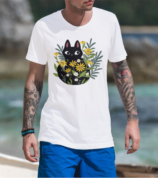 Black Cat With Flowers Essential Cute Funny Cat Illustration Floral T-Shirt