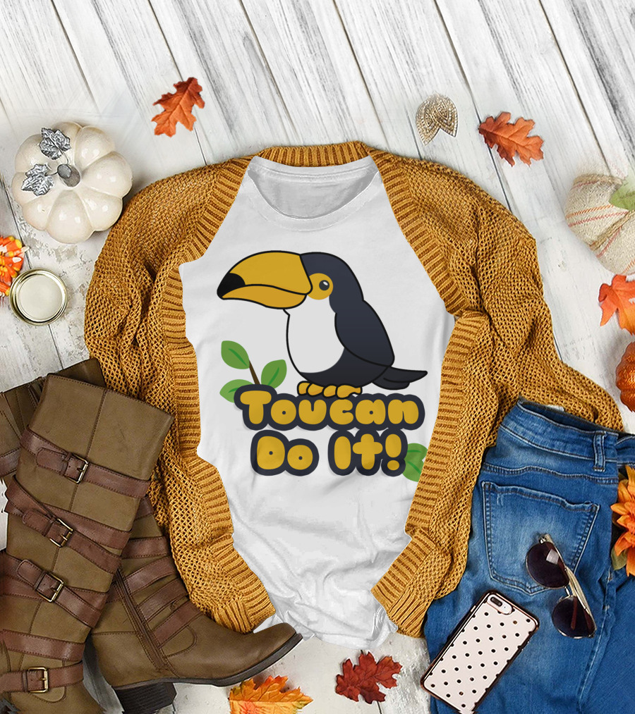 Toucan Do It Essential Positive Inspiration with Cartoon Bird and Leaves T-Shirt