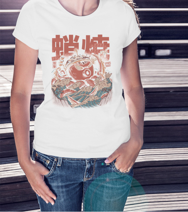 Takoyaki Attack Black Version Active Octopus Waves Kanji Sea T-Shirt