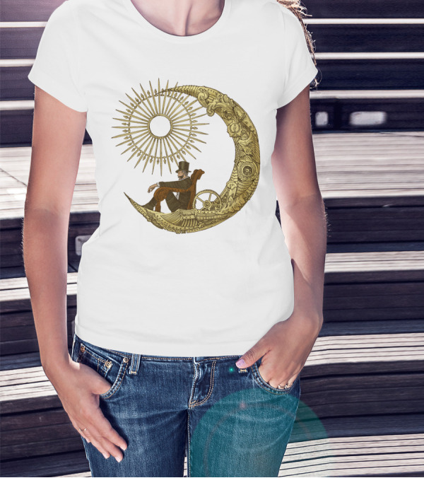 Victorian Gentleman On Ornate Crescent Moon With Sunburst - Moon Travel T-Shirt