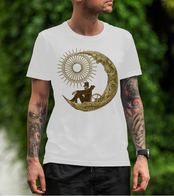 Victorian Gentleman On Ornate Crescent Moon With Sunburst - Moon Travel T-Shirt