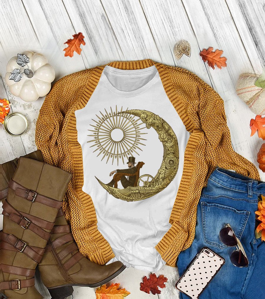 Victorian Gentleman on Ornate Crescent Moon with Sunburst - Moon Travel T-Shirt