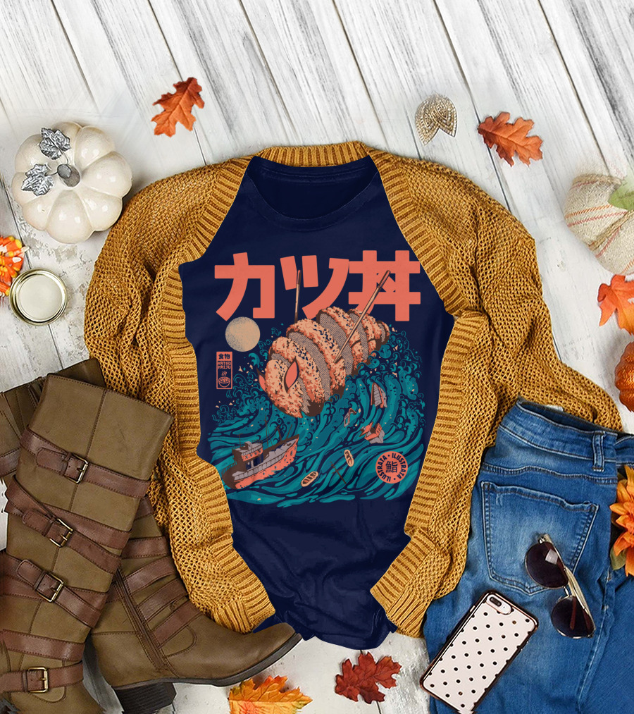 Katsuju Active Sushi Ship Tsunami Katakana Japan Illustration Lunatic Sushi T-Shirt