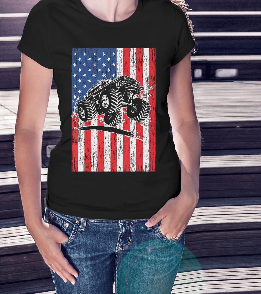 American Flag USA Monster Truck Enthusiast Patriotic T-Shirt