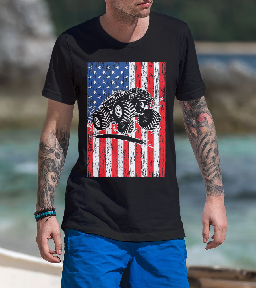 American Flag USA Monster Truck Enthusiast Patriotic T-Shirt