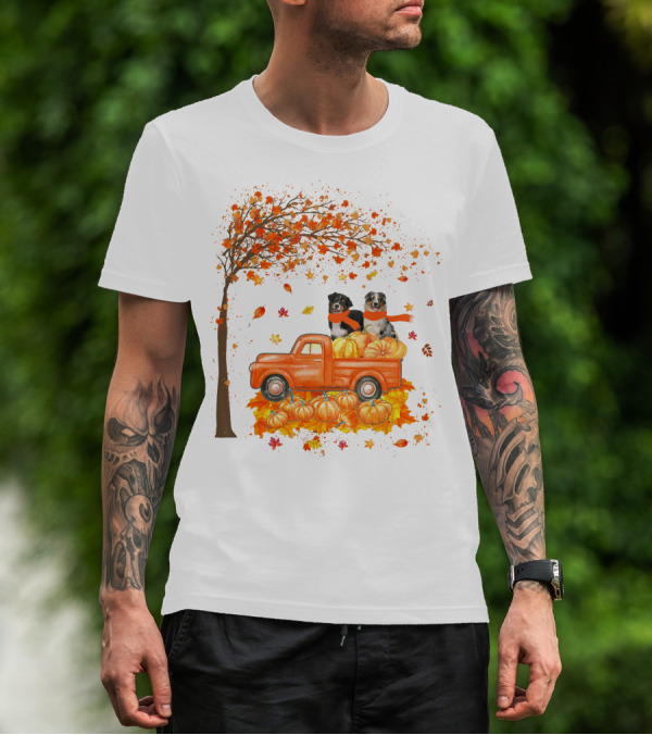 Australian Shepherds With Pumpkins On Orange Truck In Autumn Scene T-Shirt