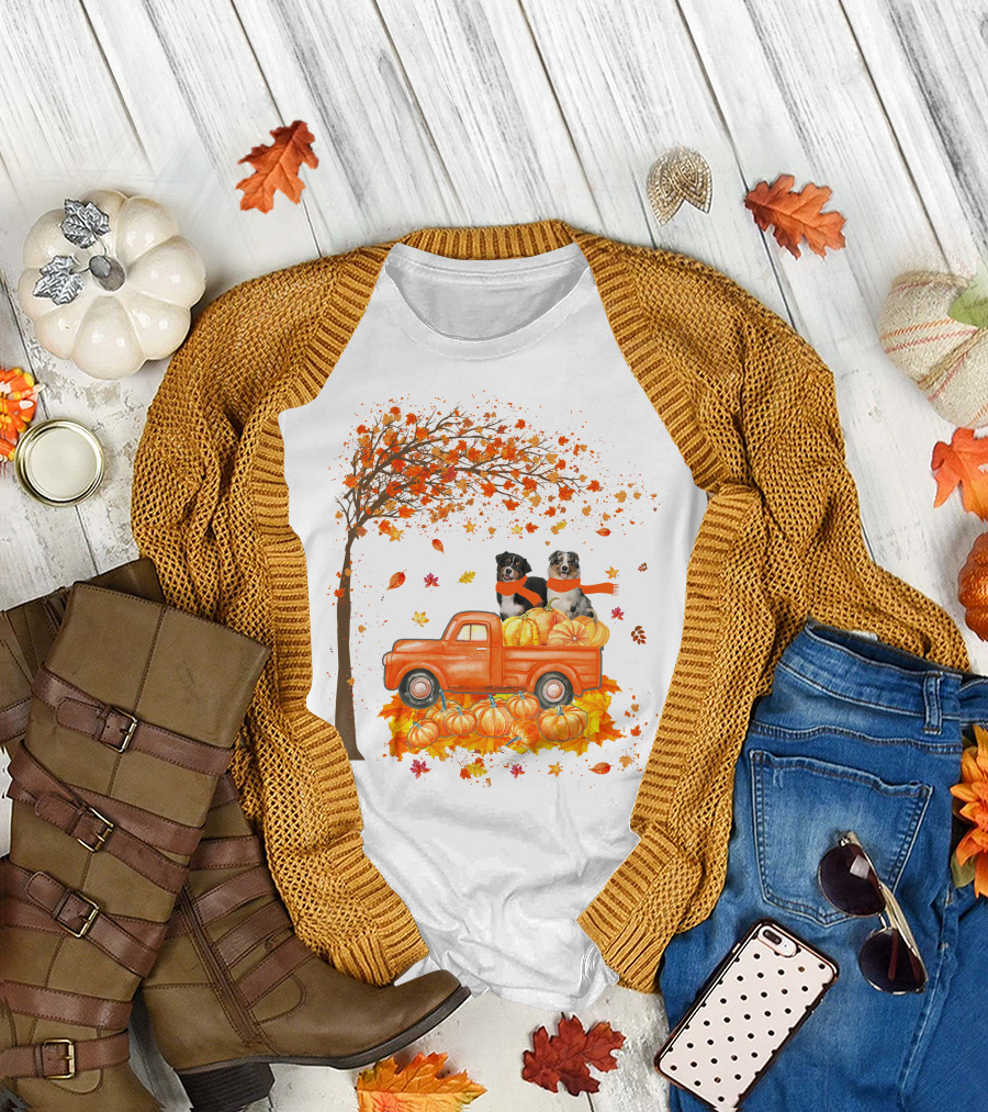 Australian Shepherds with Pumpkins on Orange Truck in Autumn Scene T-Shirt