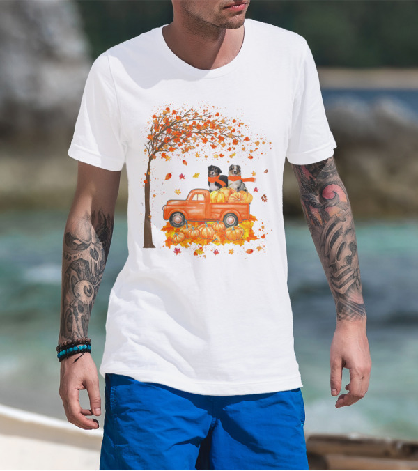 Australian Shepherds With Pumpkins On Orange Truck In Autumn Scene T-Shirt
