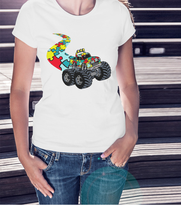 Autism Awareness Puzzle Piece Monster Truck For Boys T-Shirt