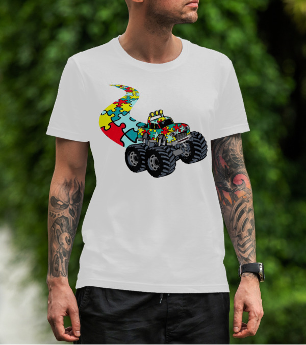 Autism Awareness Puzzle Piece Monster Truck For Boys T-Shirt