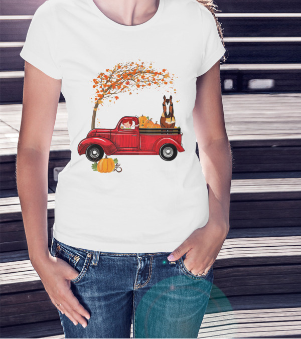 Autumn Fall Season Red Truck Horse Pumpkins Thanksgiving Day T-Shirt