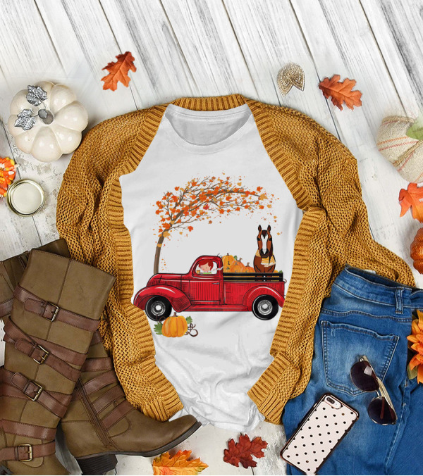 Autumn Fall Season Red Truck Horse Pumpkins Thanksgiving Day T-Shirt