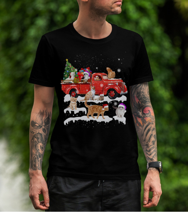 Merry Christmas Cat Riding Red Truck With Kittens And X Mas Tree T-Shirt