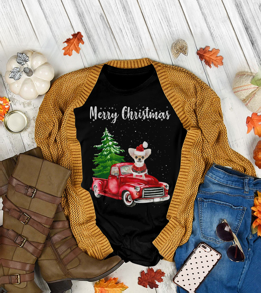 Merry Christmas Chihuahua with Santa Hat Riding Red Truck and Christmas Tree T-Shirt