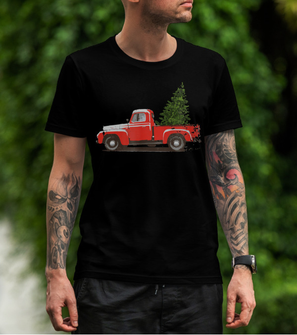 Classic Red Pickup Truck With Christmas Tree T-Shirt