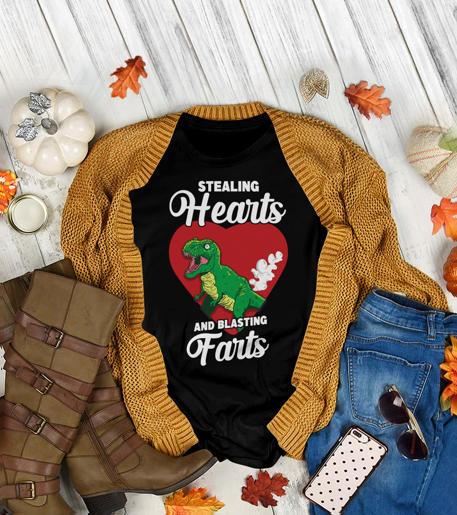 Stealing Hearts and Blasting Farts Dinosaur in Red Heart T-Shirt