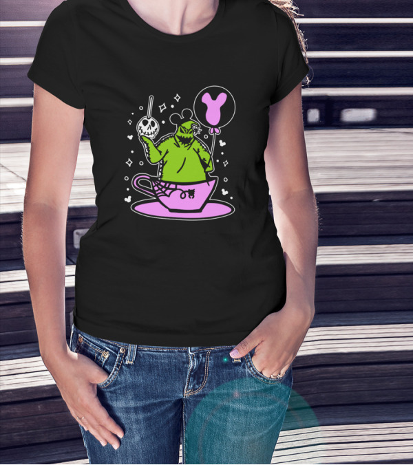 Oogie Boogie In Pink Tea Cup With Mickey Ears Balloon And Spider Details T-Shirt