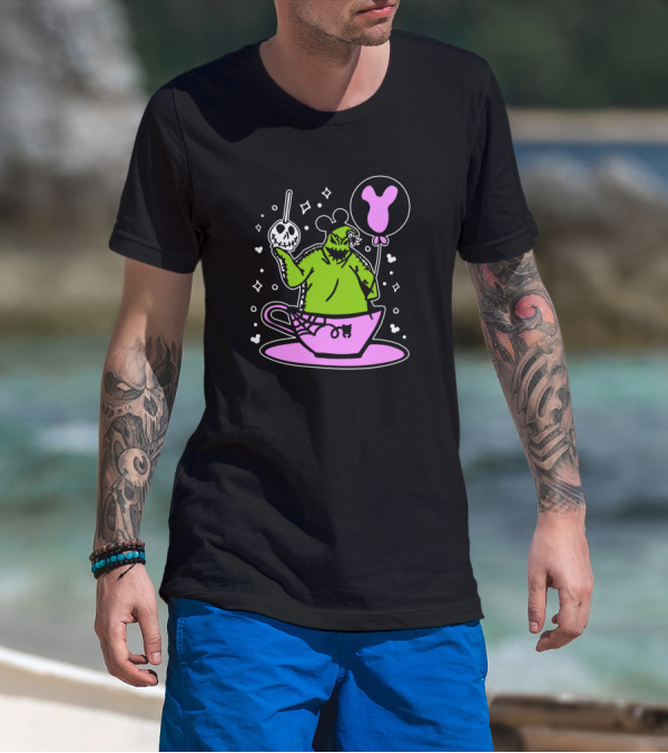 Oogie Boogie In Pink Tea Cup With Mickey Ears Balloon And Spider Details T-Shirt