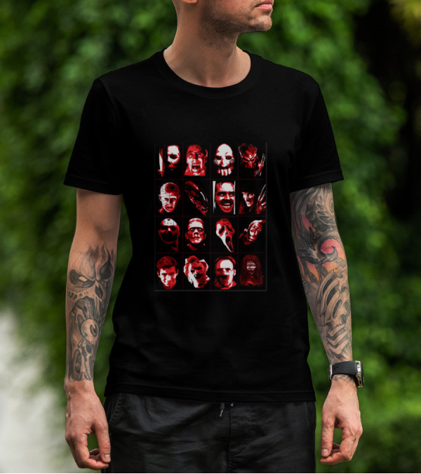 Halloween Horror Icons Collage Featuring Masked Faces And Grinning Villains T-Shirt