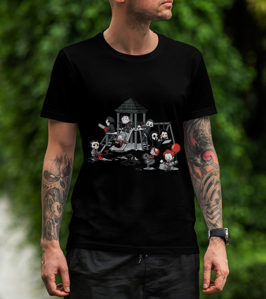 Playground Of Horror Characters In Creepy Swing Set Scene T-Shirt