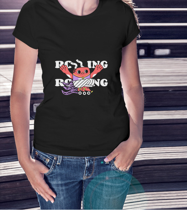 Rolling Cartoon Character With Purple Roller Skates And Wavy Hair T-Shirt