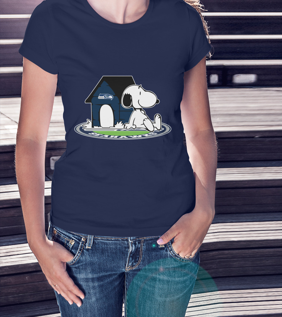 Seattle Seahawks Fan Forever With Snoopy Sitting By Doghouse T-Shirt