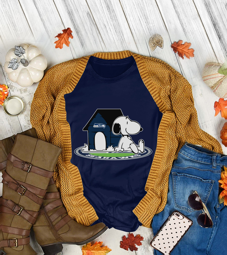 Seattle Seahawks Fan Forever with Snoopy Sitting by Doghouse T-Shirt