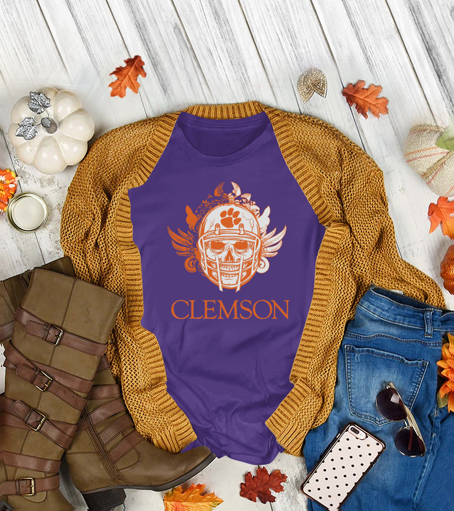 Clemson Tigers Skull Helmet with Wings T-Shirt
