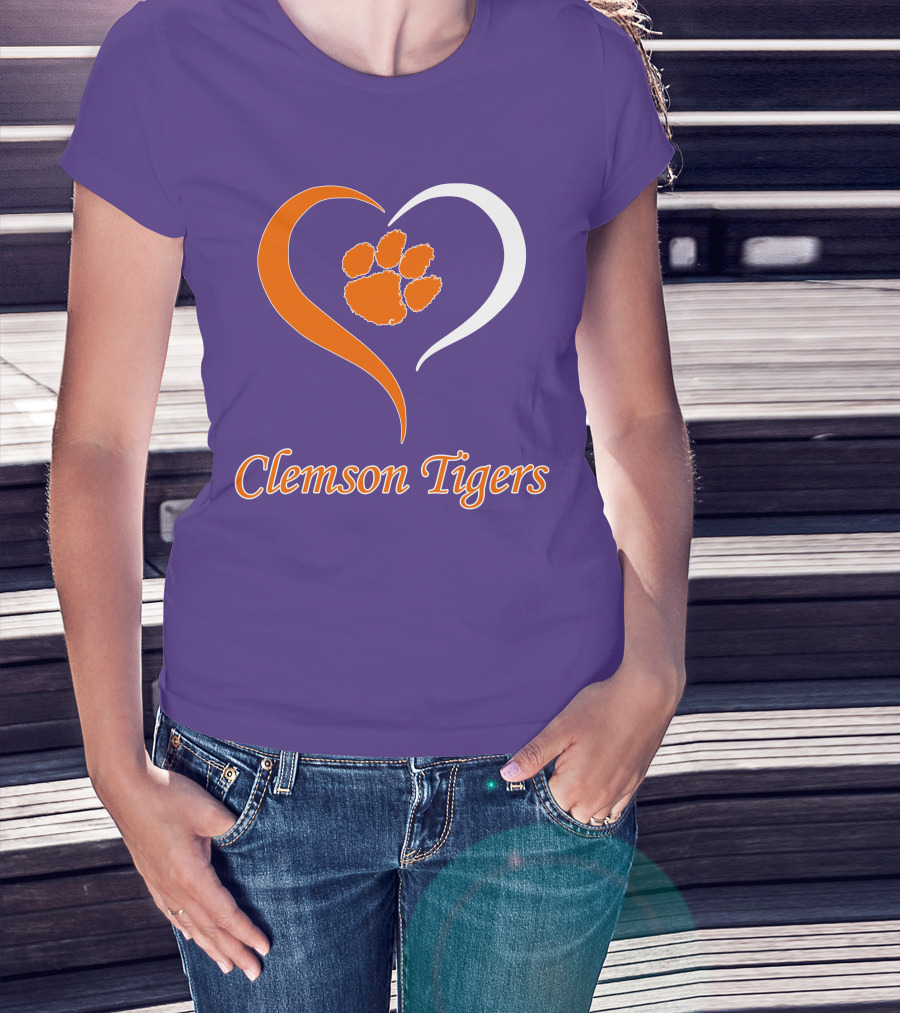 Clemson Tigers Heart Paw Print Purple And Orange T-Shirt