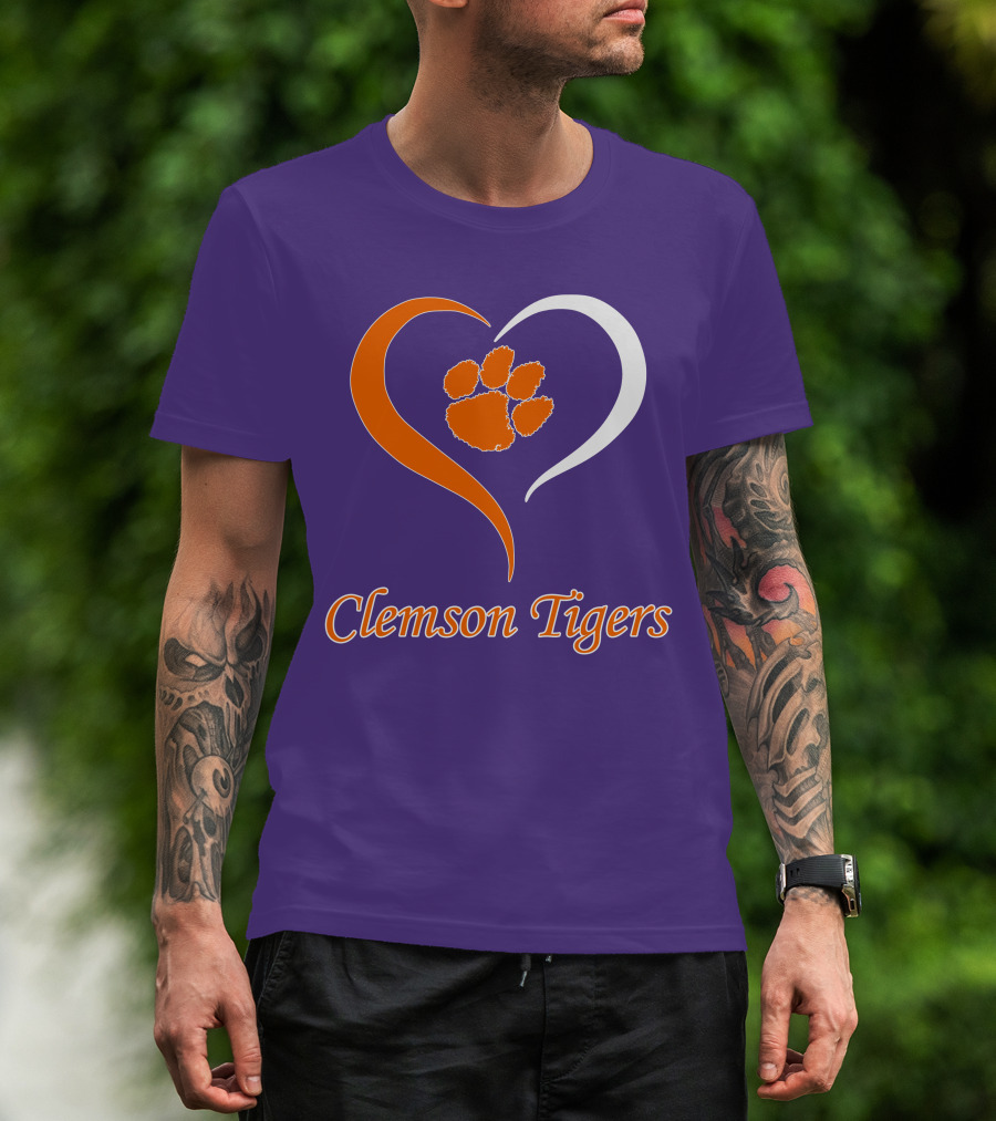 Clemson Tigers Heart Paw Print Purple And Orange T-Shirt