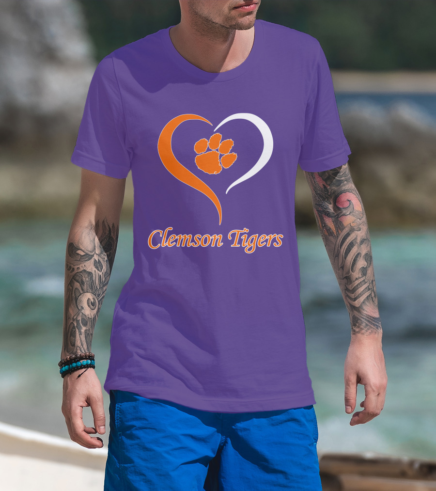 Clemson Tigers Heart Paw Print Purple And Orange T-Shirt