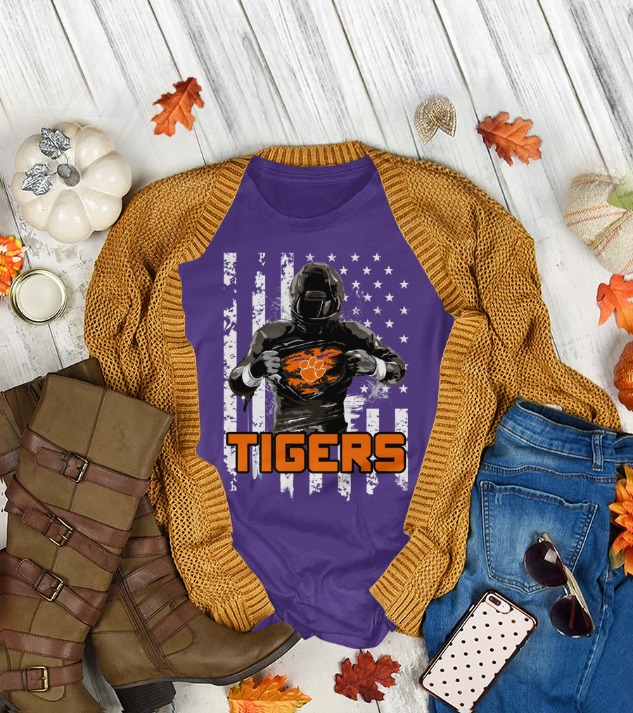 Tigers Player with Paw Logo and Flag Background T-Shirt