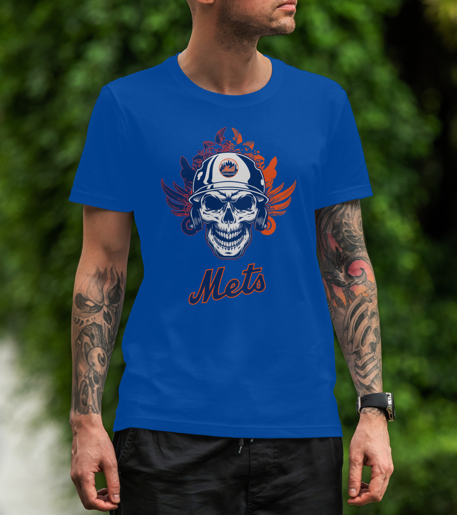 New York Mets Skull Helmet Logo With Wings T-Shirt