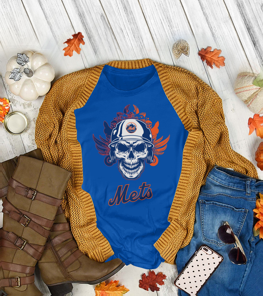 New York Mets Skull Helmet Logo with Wings T-Shirt