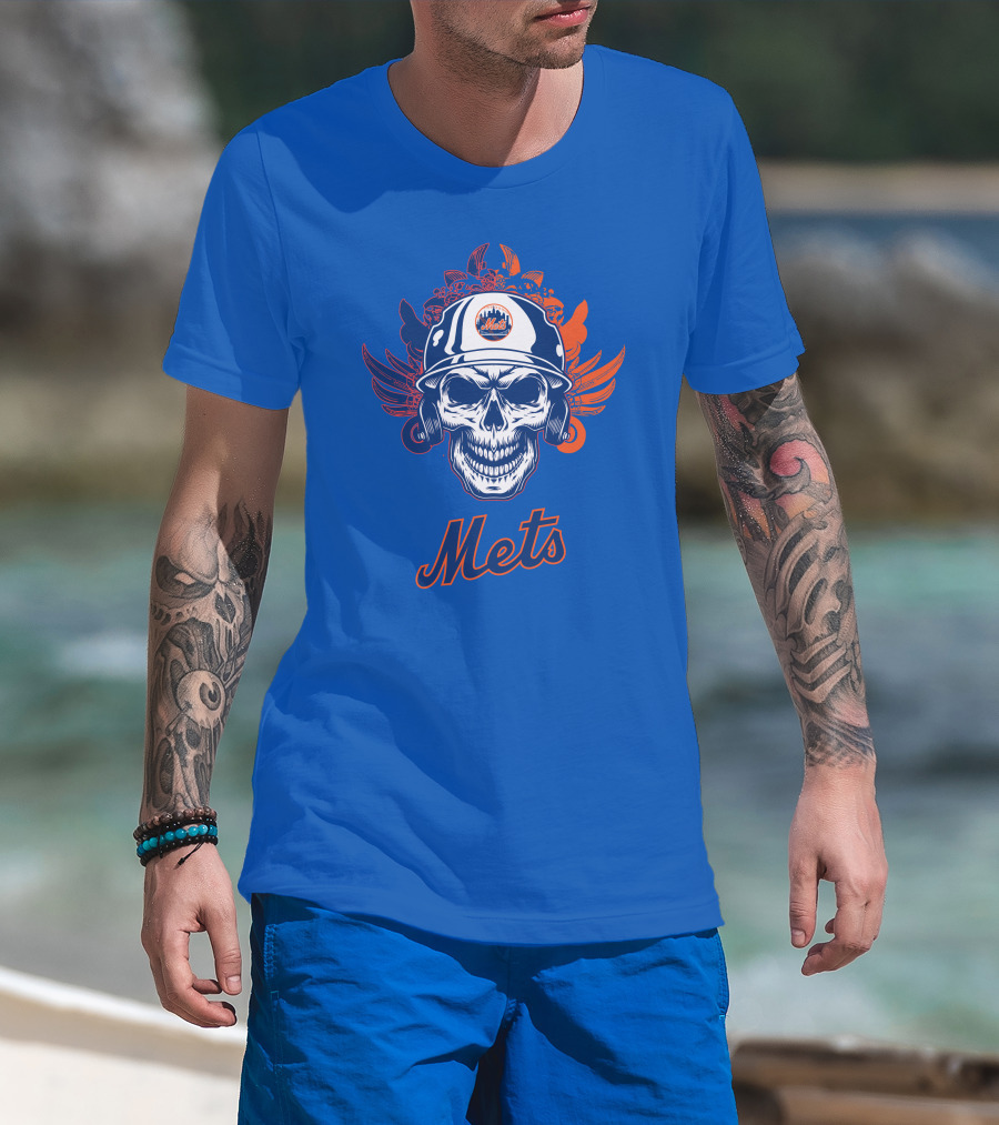 New York Mets Skull Helmet Logo With Wings T-Shirt