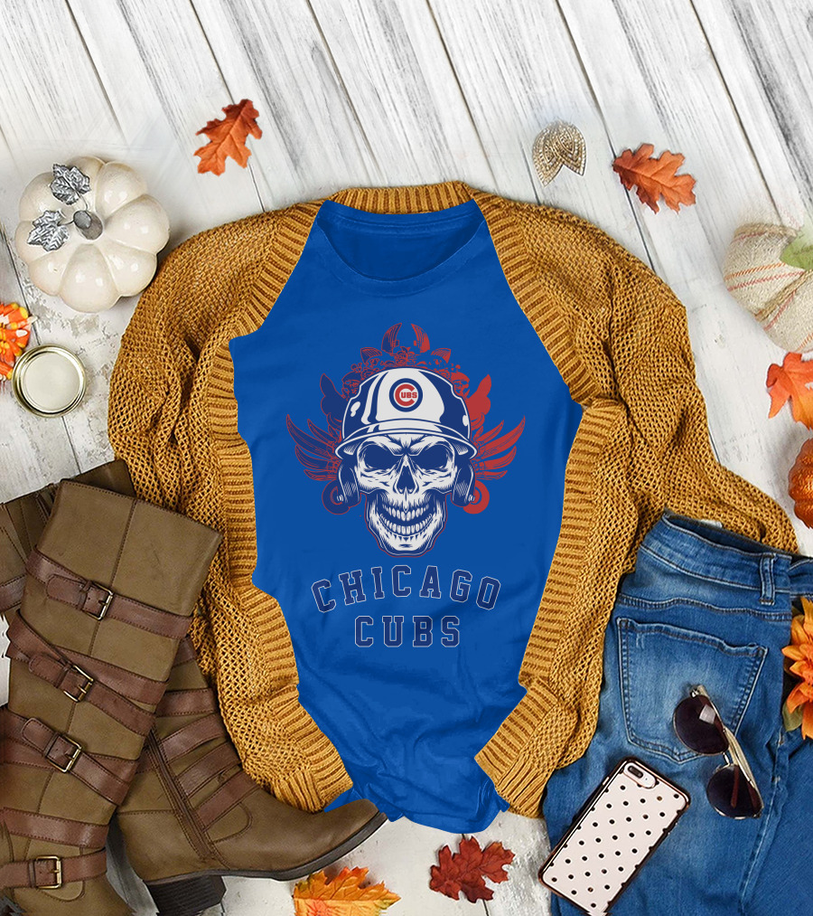 Chicago Cubs Skull Logo with Helmet and Wings T-Shirt