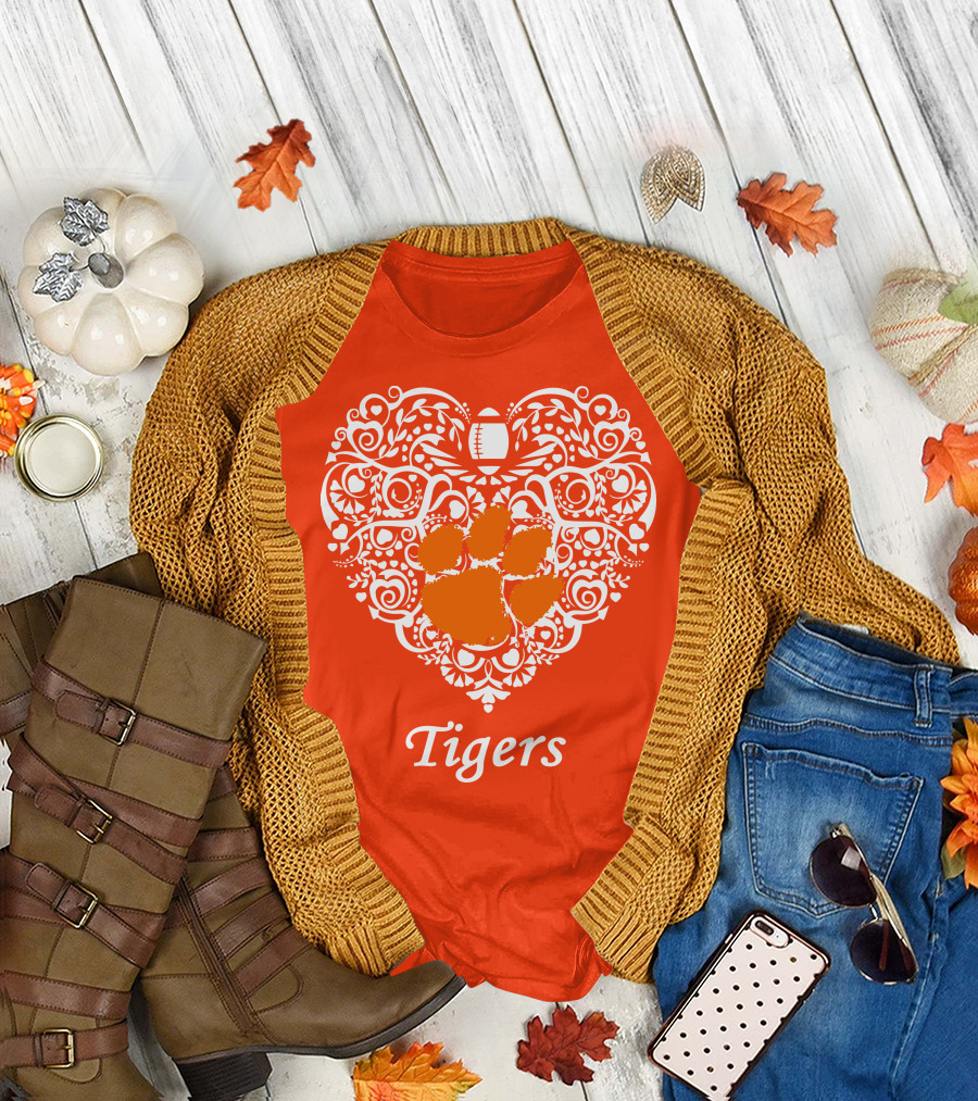 Heart-Shaped Design with Clemson Tigers Paw and Football Elements T-Shirt