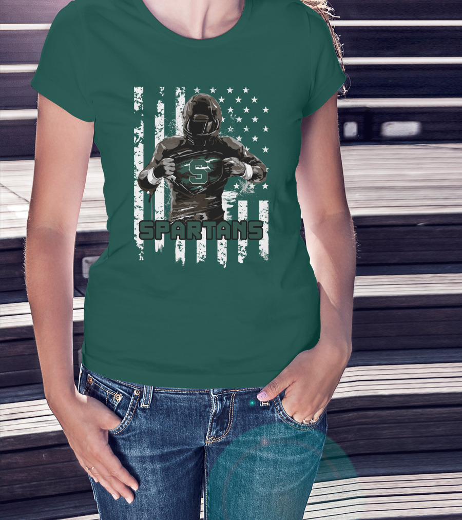 Spartans Player With S Emblem And American Flag Background T-Shirt