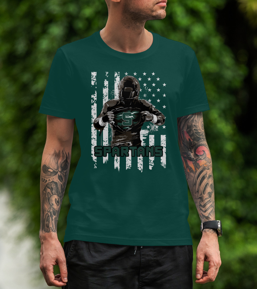 Spartans Player With S Emblem And American Flag Background T-Shirt