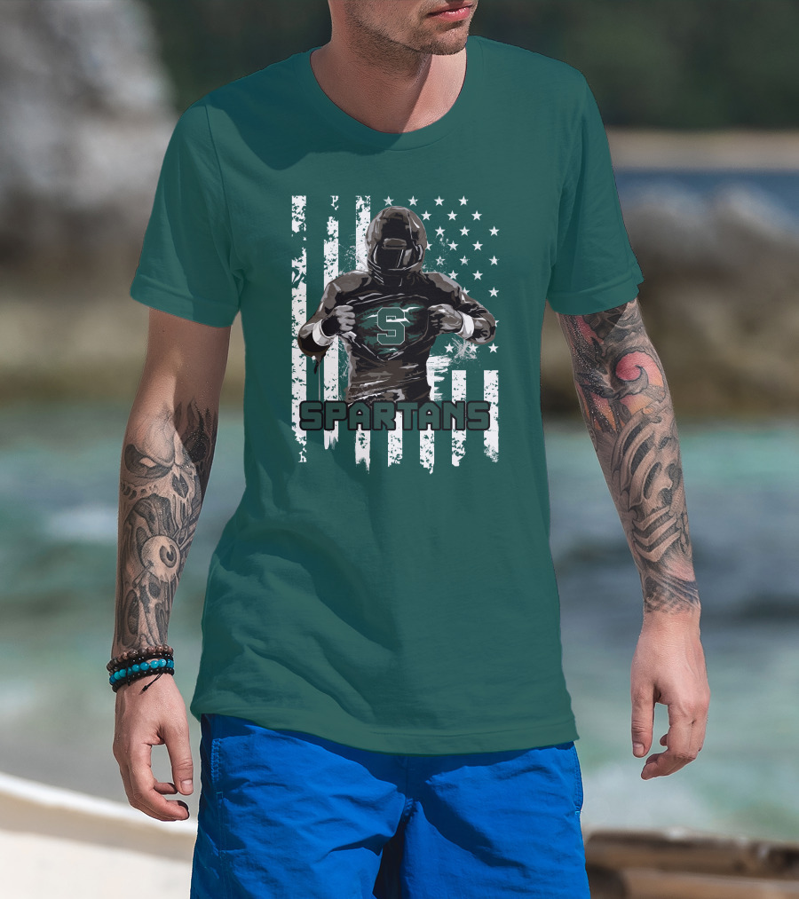 Spartans Player With S Emblem And American Flag Background T-Shirt