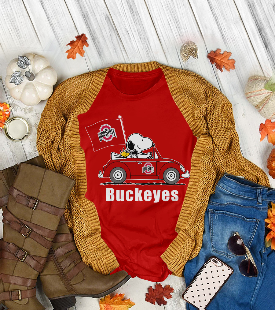 Ohio State Buckeyes Snoopy in Red Car with Flag T-Shirt