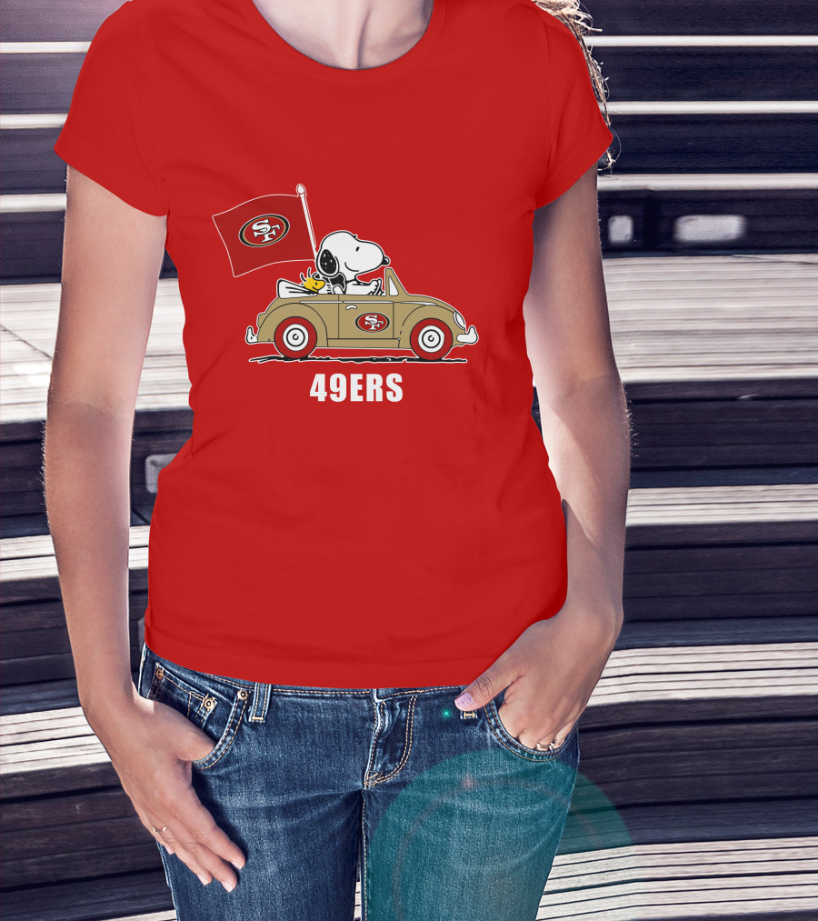 San Francisco 49ers Snoopy Driving Car With Sf Flag T-Shirt