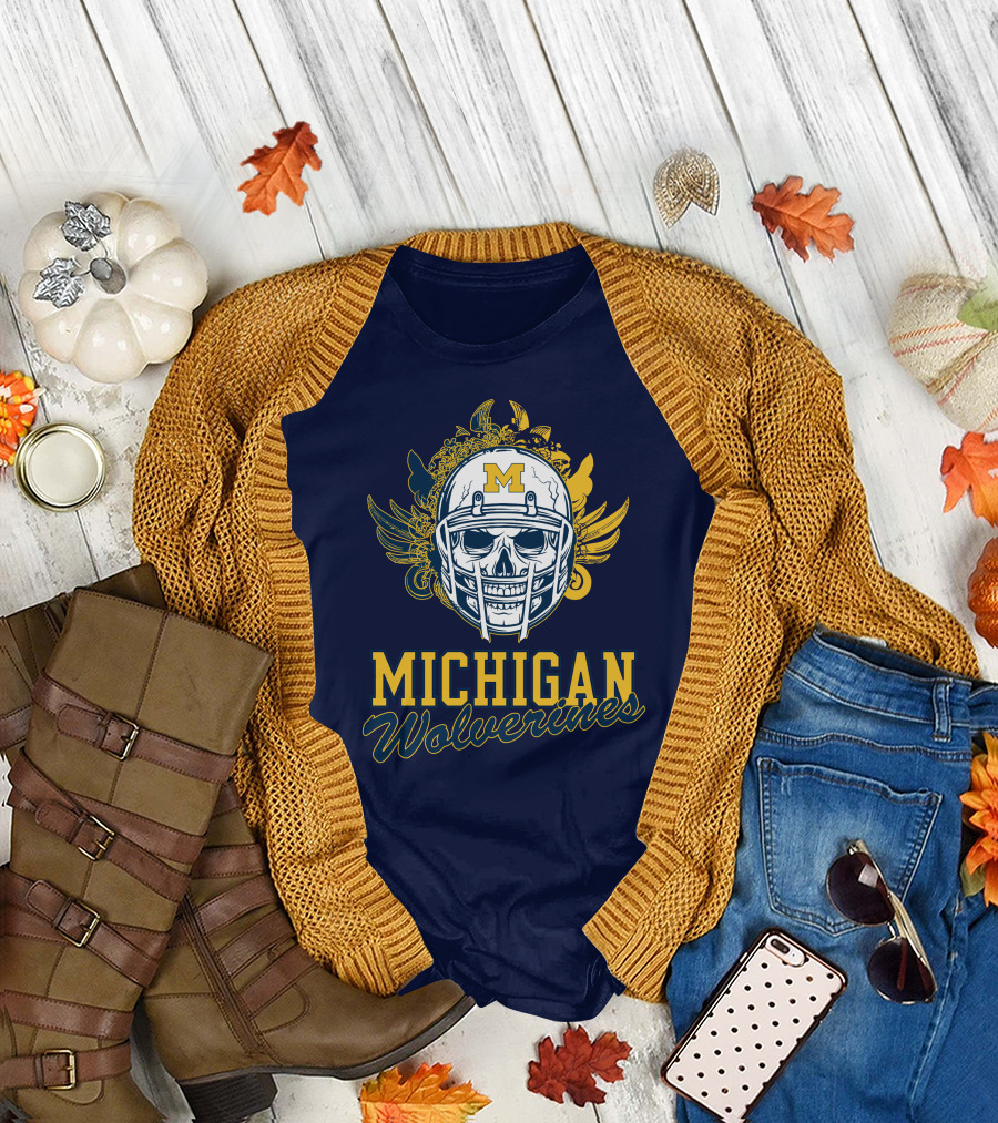 Michigan Wolverines Skull Helmet with Floral Wings T-Shirt