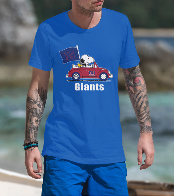 New York Giants Snoopy Driving With Woodstock And Flag T-Shirt