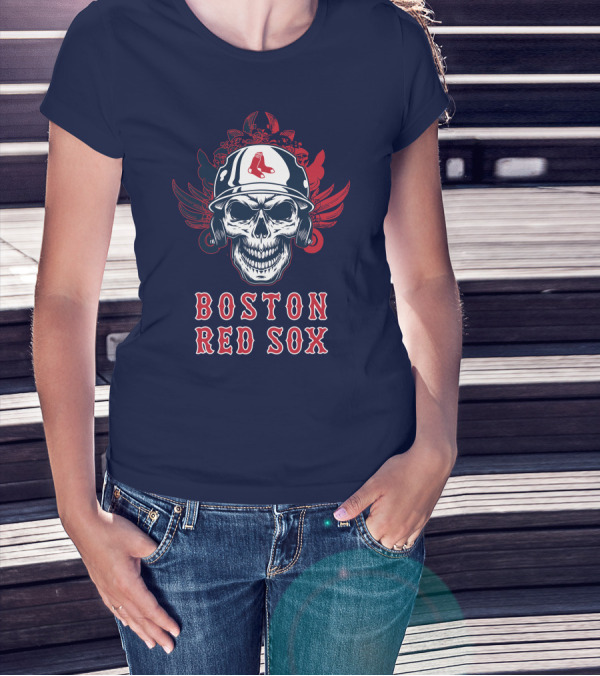Boston Red Sox Skull With Baseball Helmet And Wings T-Shirt