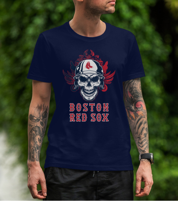 Boston Red Sox Skull With Baseball Helmet And Wings T-Shirt