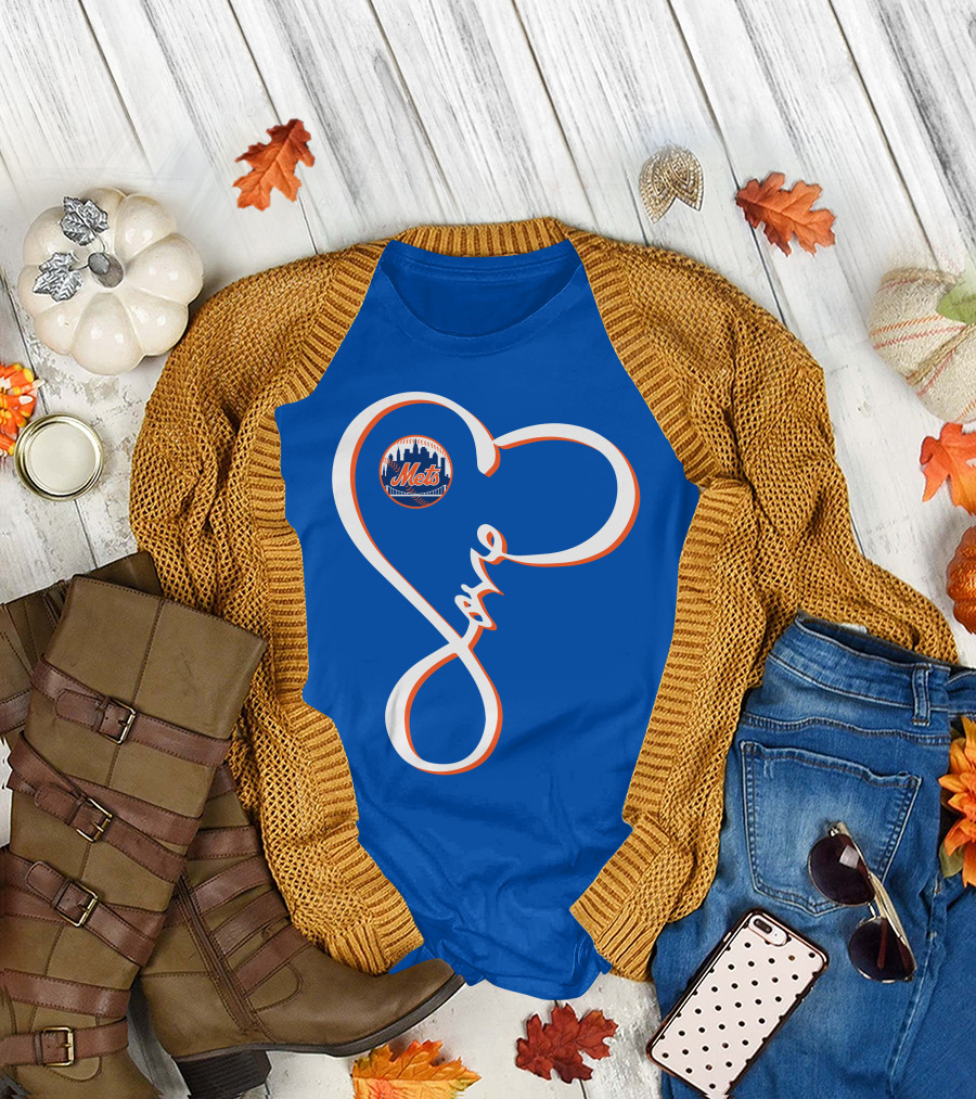 New York Mets Love Script with Heart Outline T-Shirt