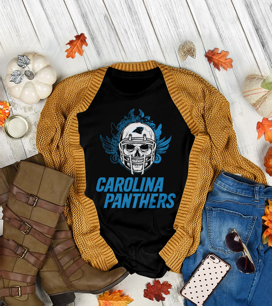 Carolina Panthers Skull Helmet Blue Wings T-Shirt