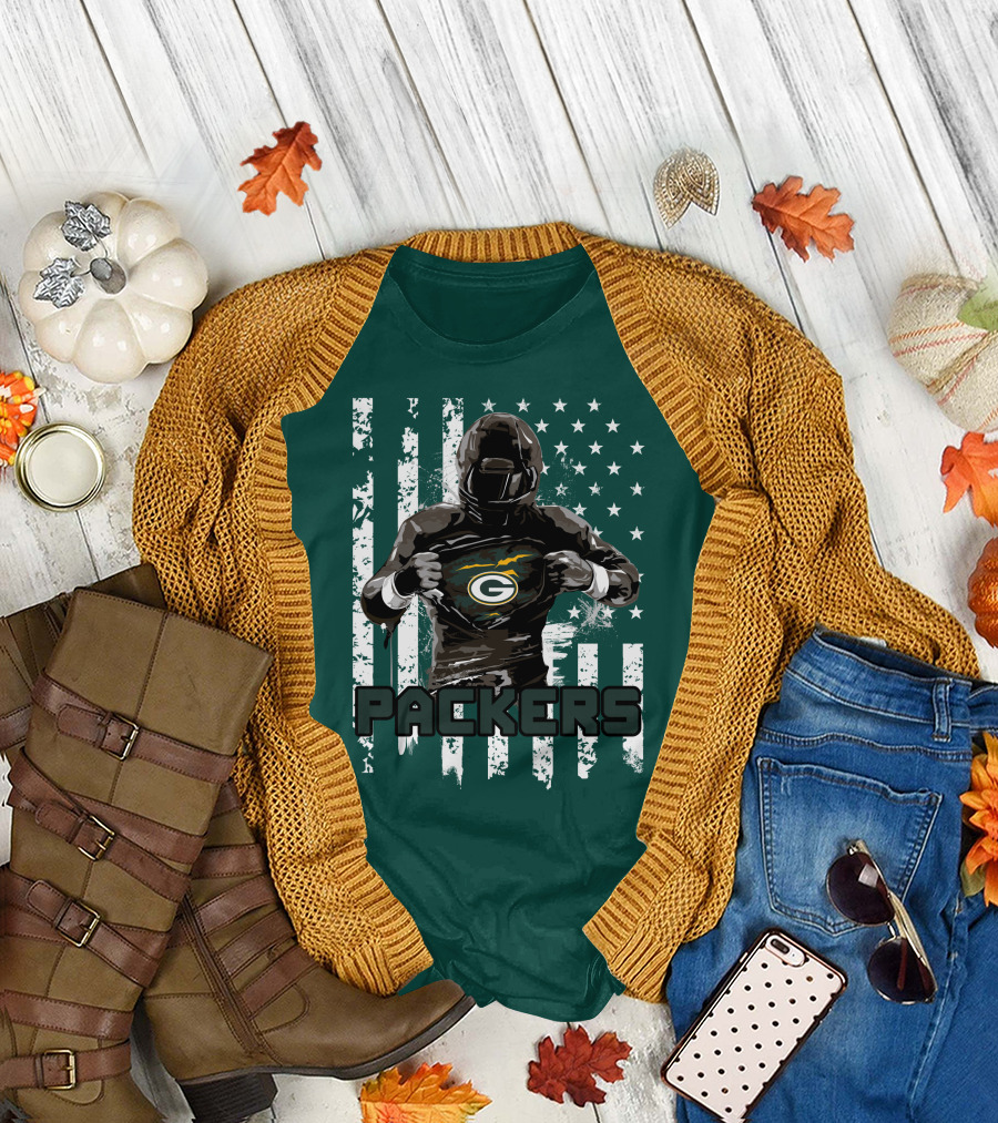 Packers Player with Flag Background and Green Bay T-Shirt