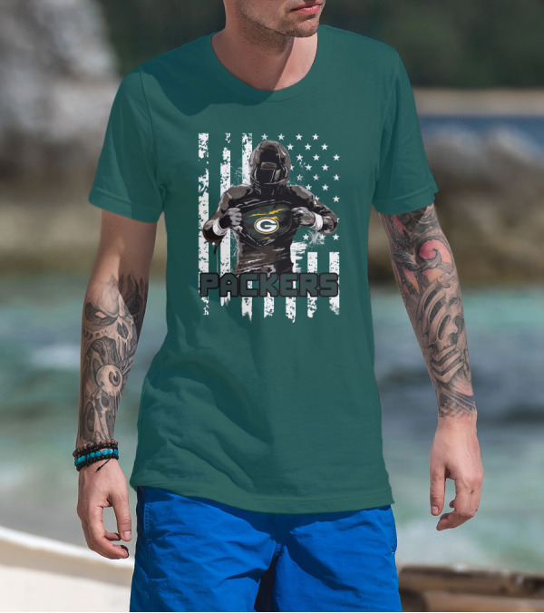 Packers Player With Flag Background And Green Bay T-Shirt